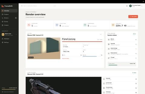 FrameShift dashboard showing distributed Blender render activity